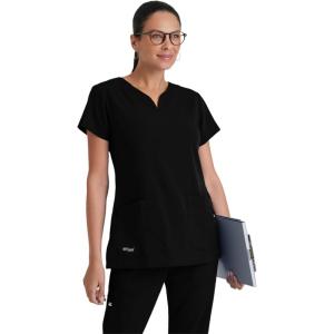 Grey’s Anatomy Women’s Signature Two Pocket Notch Yoke Neck Scrub Top(Black)